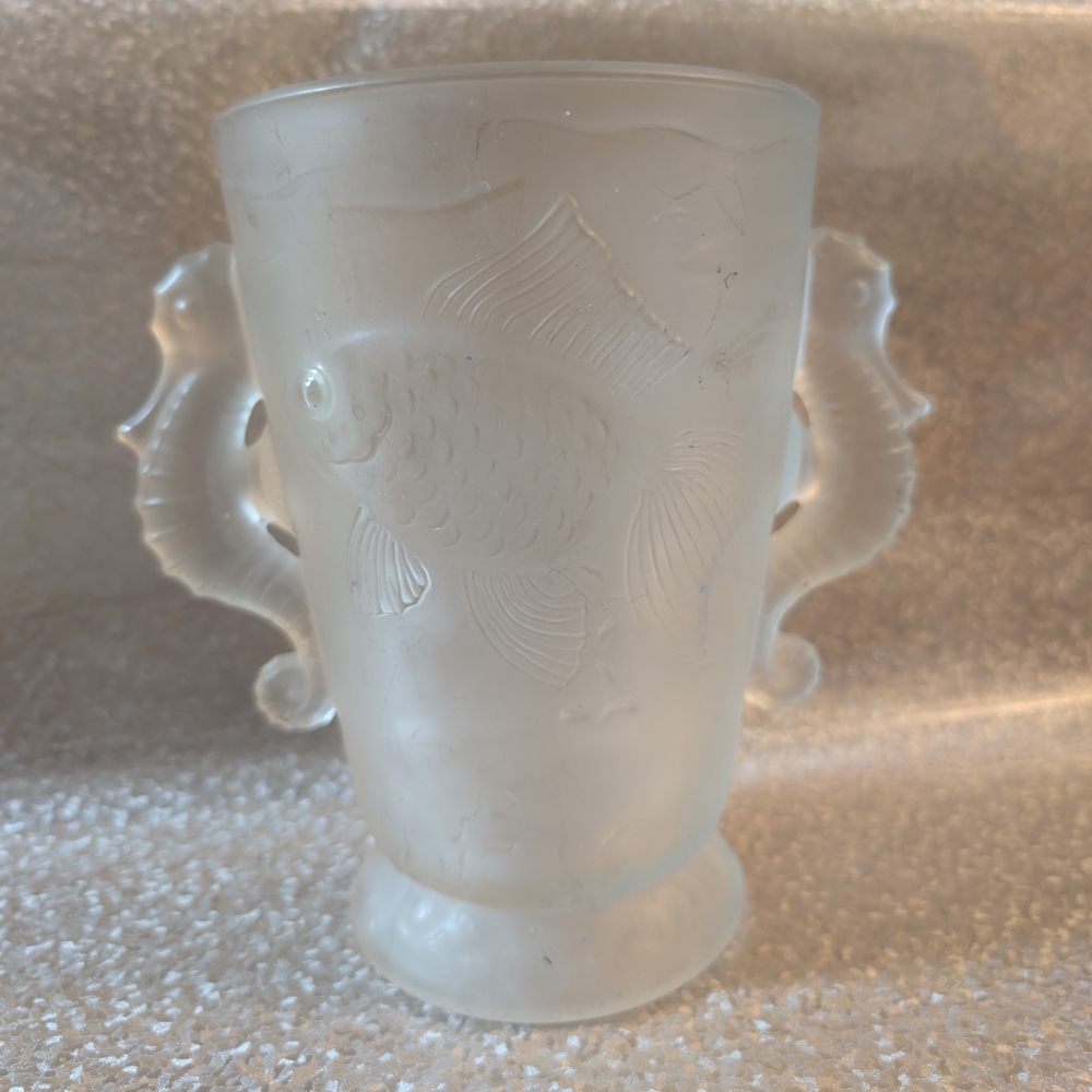 Frosted Glass Vase with Fish and Seahorse Design